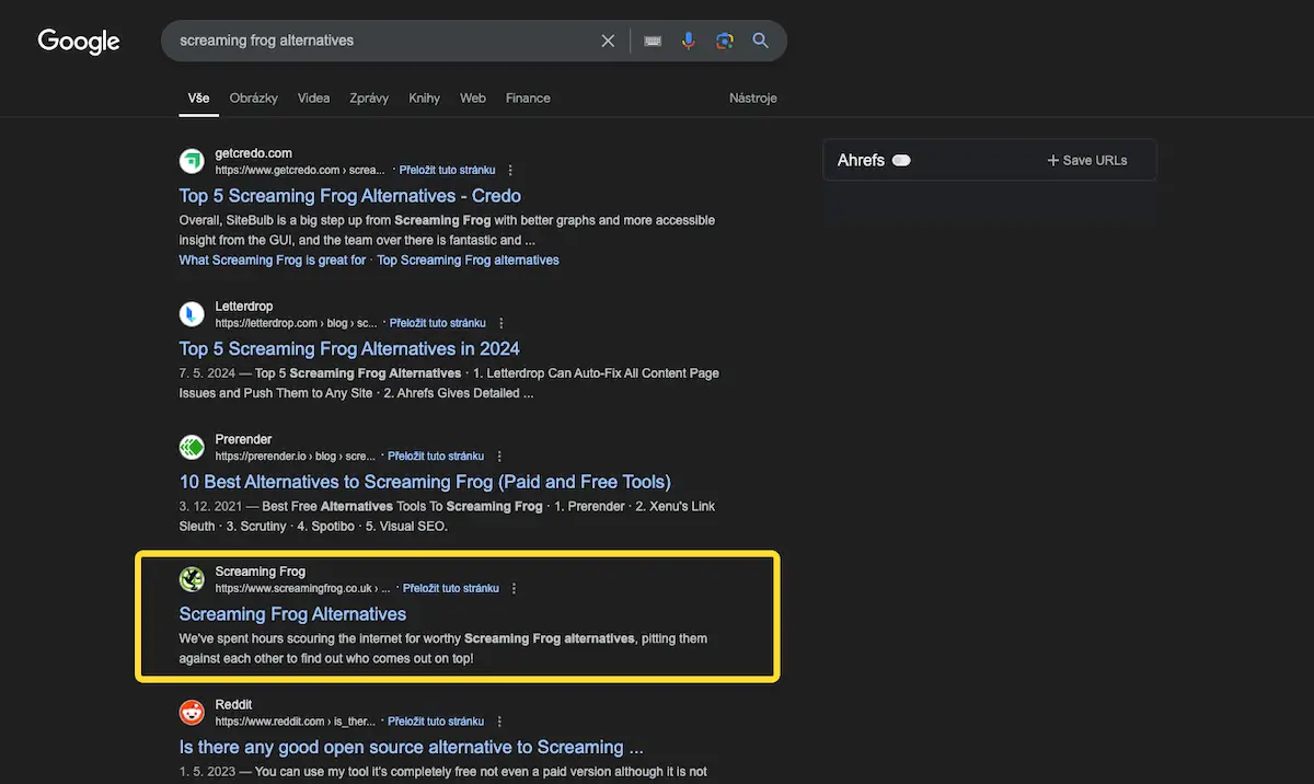 Screaming Frog alternatives page in Google